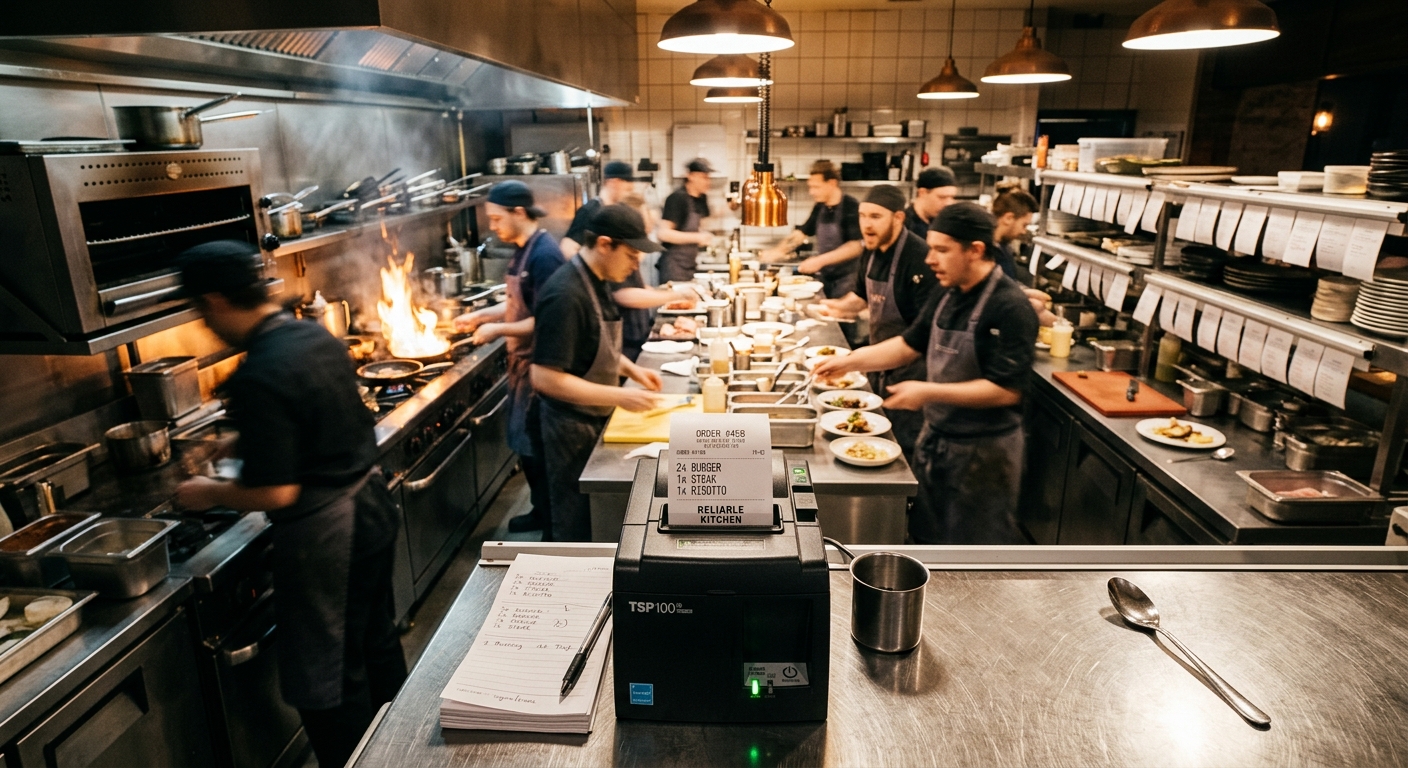 Busy restaurant kitchen during peak hours with thermal printer on counter printing order ticket instantly