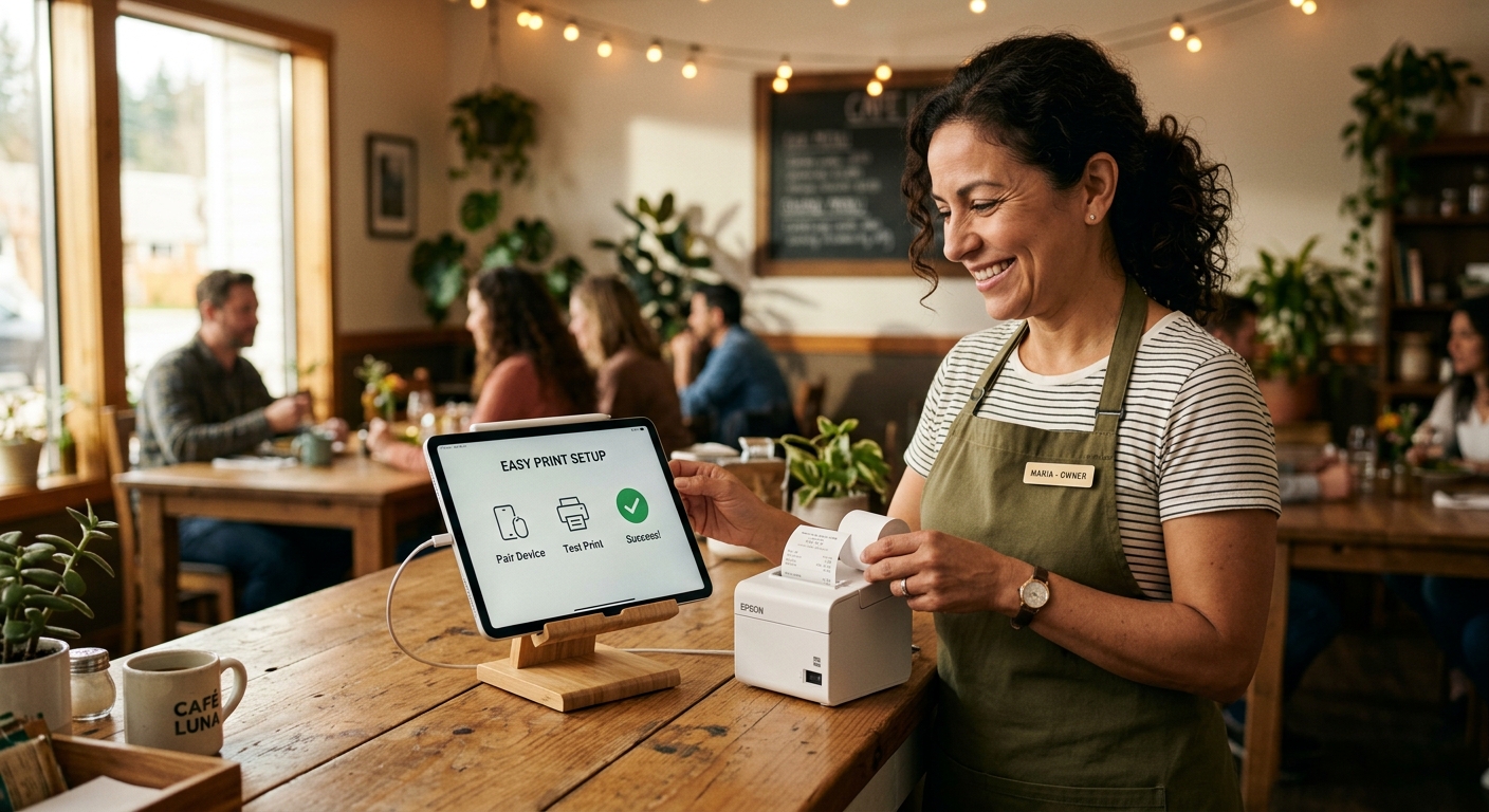 Restaurant owner easily setting up thermal printer and tablet on clean counter