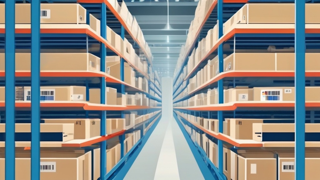 Barcode labels on organized warehouse shelves with SKU codes