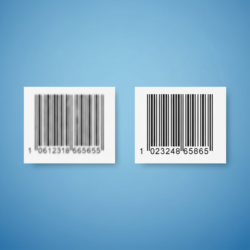 Comparison of blurry vs crisp barcode label printing quality on thermal printer