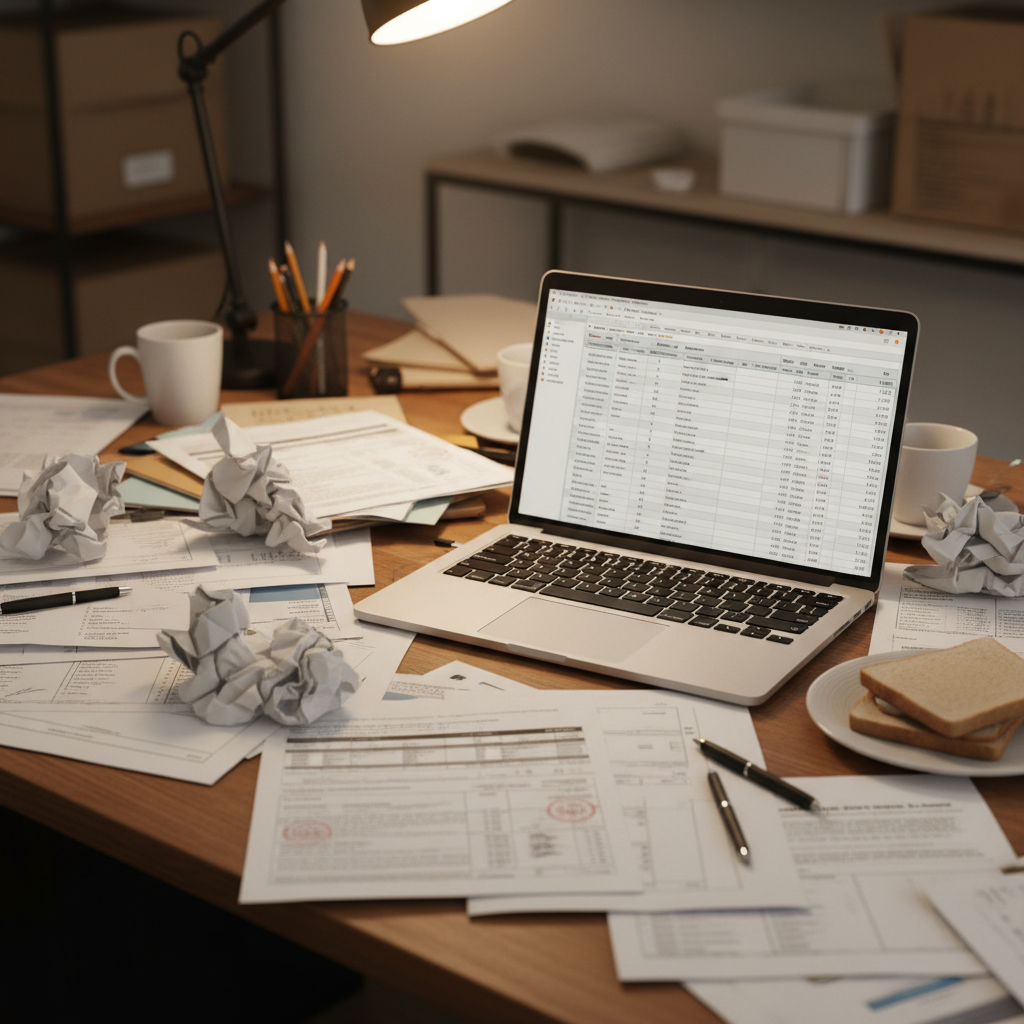 Disorganized paperwork and spreadsheets for import export business management