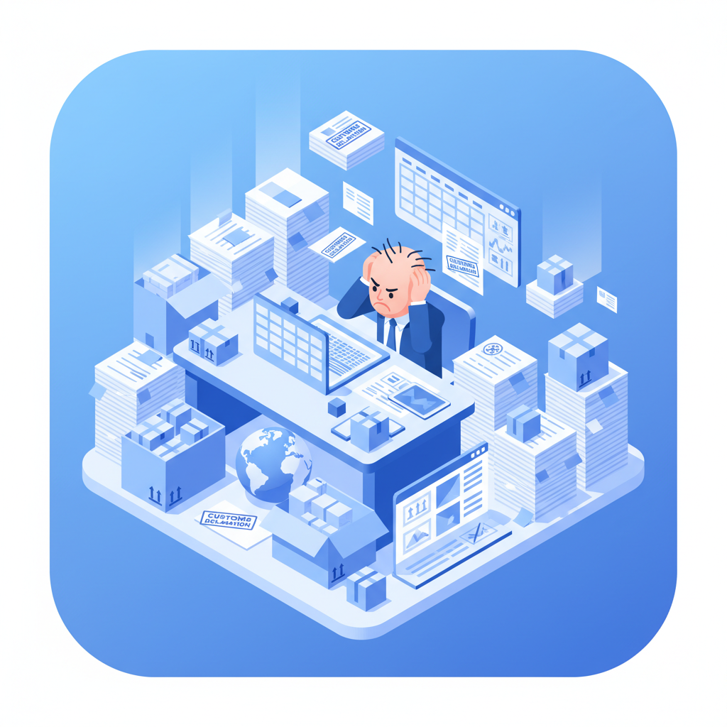 Frustrated small business owner surrounded by customs paperwork and spreadsheets