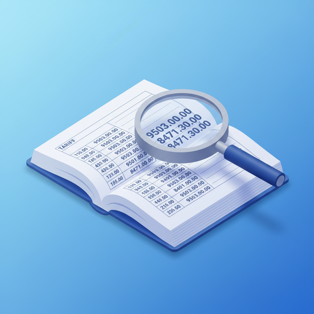 Harmonized System tariff schedule book with magnifying glass highlighting classification codes