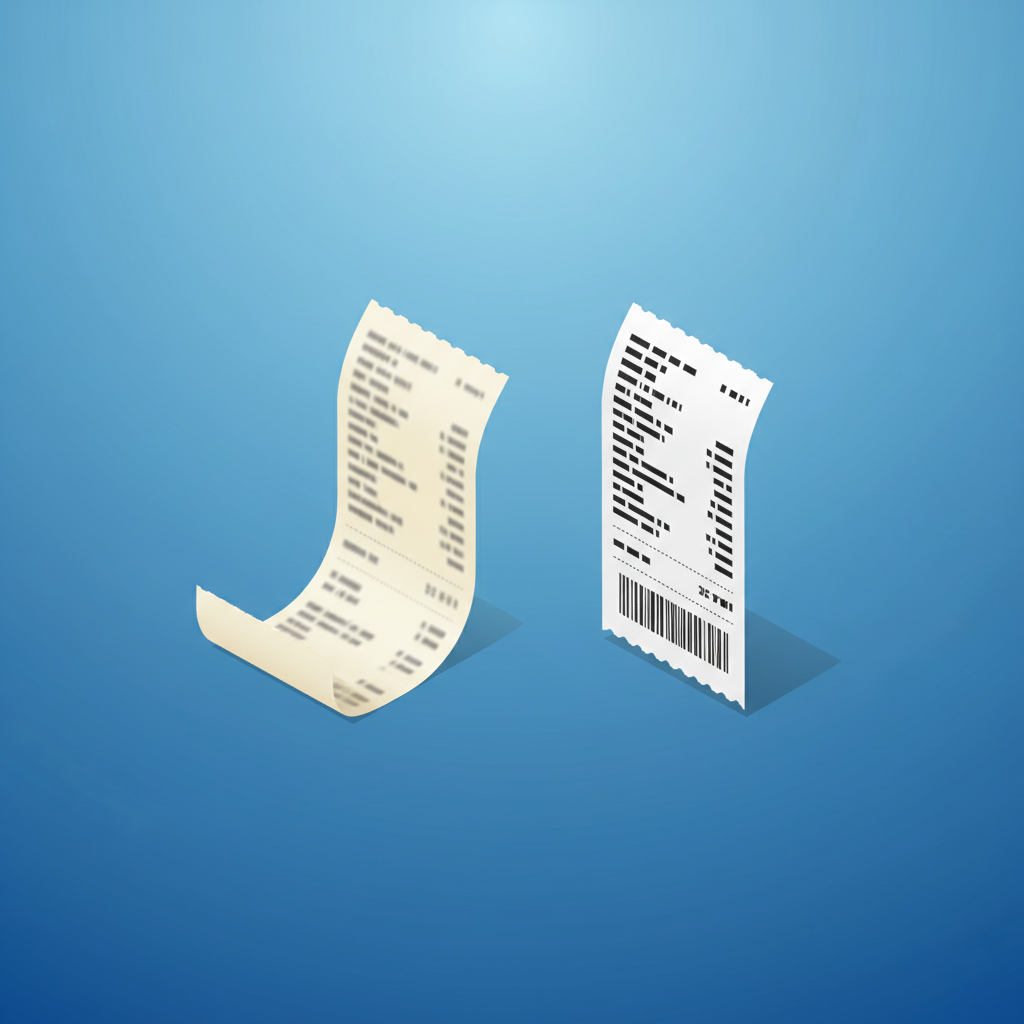 Comparison of faded thermal receipt versus fresh clear receipt showing print quality degradation