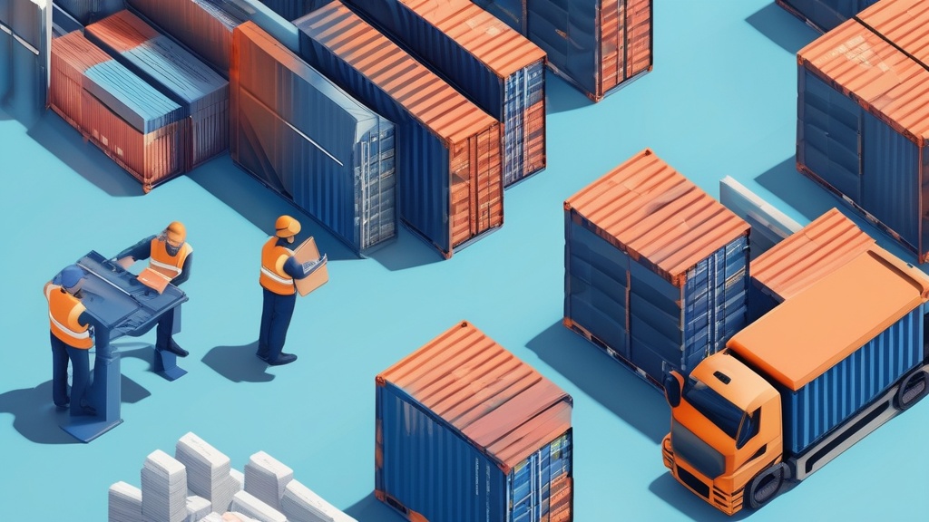 Shipping container being unloaded at port with customs inspection and digital duty calculations