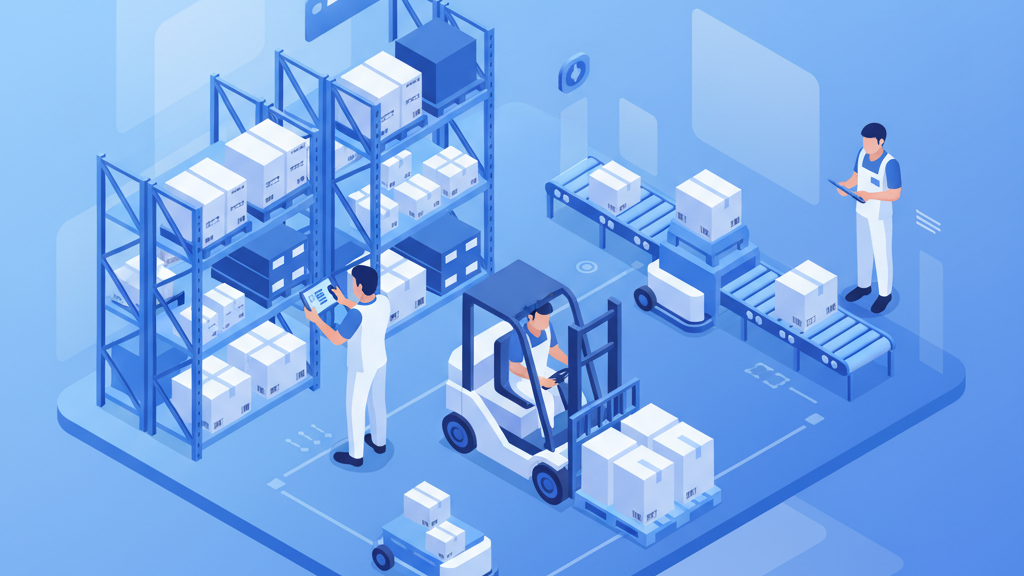 Warehouse workers using tablets and barcode scanners in a modern distribution center