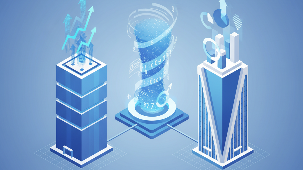 Corporate competition represented by skyscrapers with rising data charts