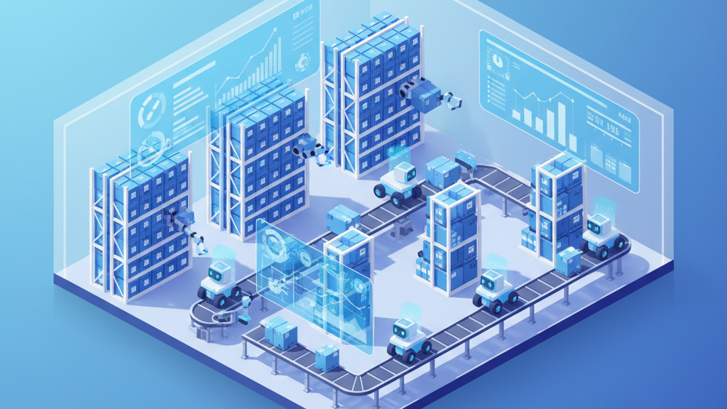 Smart warehouse with autonomous robots scanning shelves and inventory dashboards