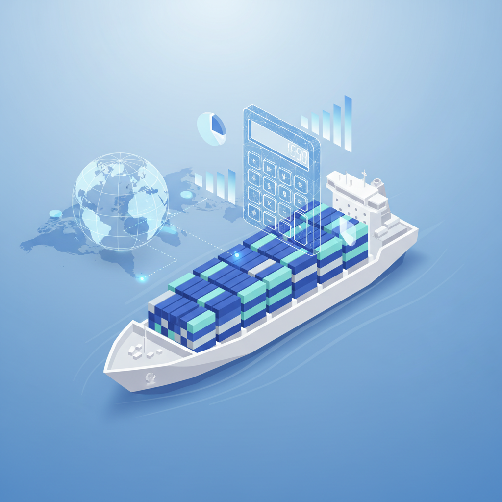 Shipping containers on a cargo ship with financial charts overlay representing global trade logistics