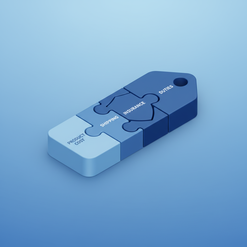 Puzzle pieces fitting together representing product cost shipping insurance and duties forming a complete price tag