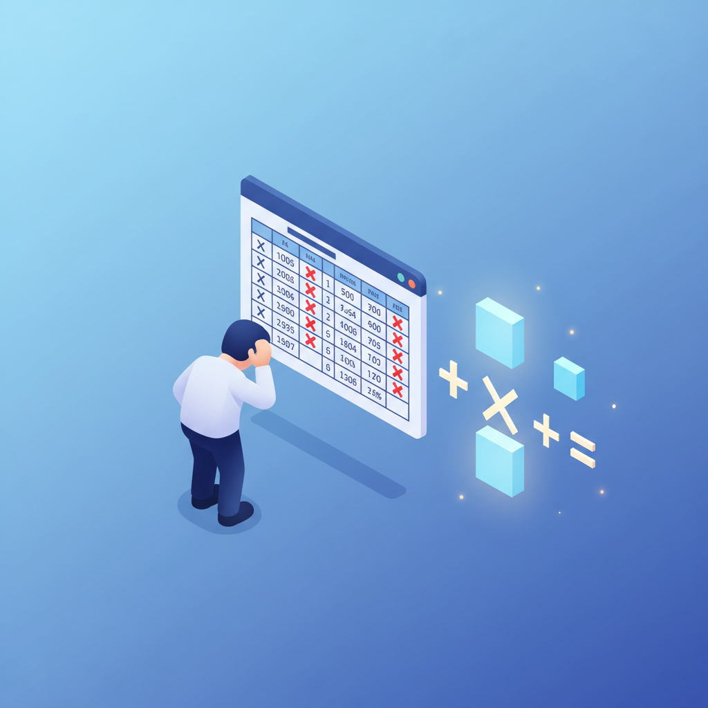 Business owner looking stressed at spreadsheet with crossed out numbers while a glowing correct calculation appears beside it
