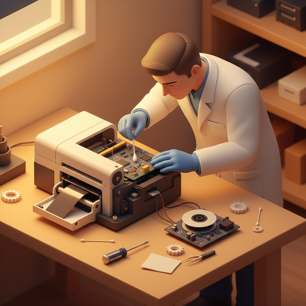 Technician cleaning thermal printer head