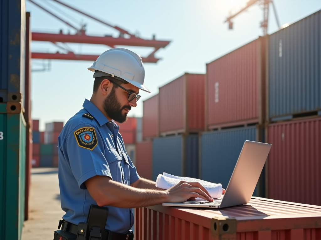 Photo-realistic image of a customs officer at a port in New Zealand checking shipping containers, surrounded by boxes labeled with various international addresses. The scene is sunlit, showcasing the busy port operations. Various containers in bright colors line the background with cranes in action. The officer, wearing a uniform with a badge, utilizes a laptop while looking at shipping documents, emphasizing logistics. The atmosphere feels industrious and professional, with a hint of excitement from the ongoing trade activities.