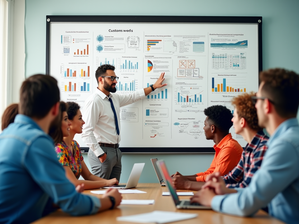 A collaborative workspace in Curacao with team members brainstorming over a whiteboard filled with strategies. Various charts and diagrams about customs management are visible. The atmosphere is energetic and professional, featuring casual attire that includes colorful Caribbean styles. High resolution and photo realistic.