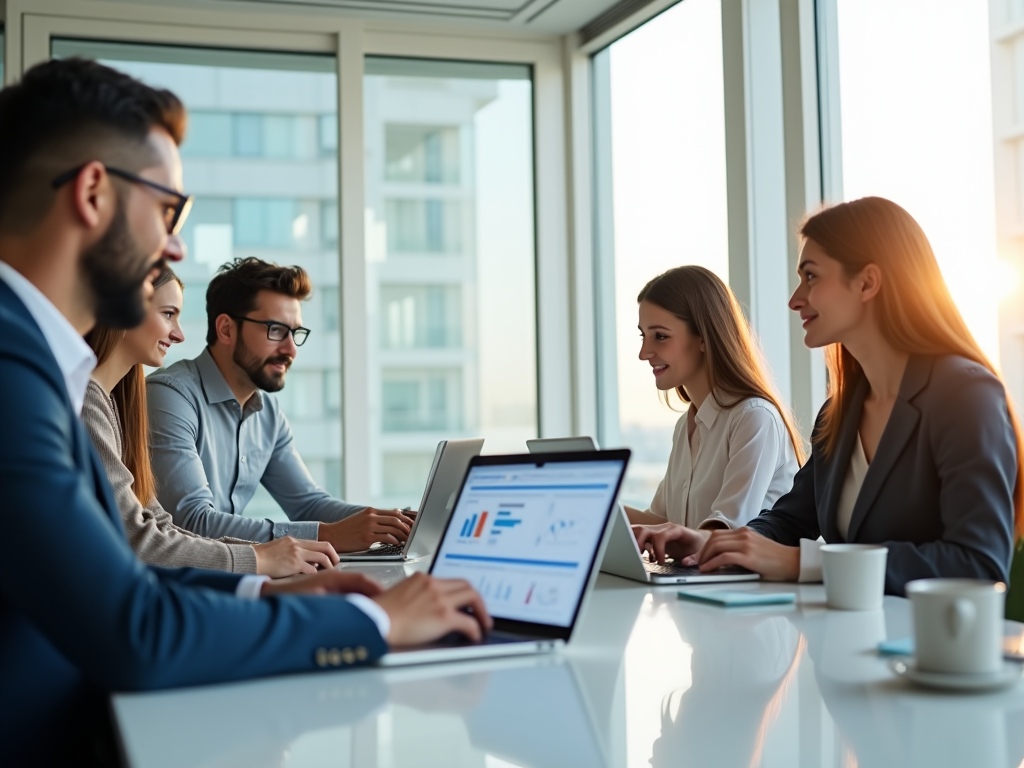 A high-resolution photo-realistic image showcasing a young, diverse team of four professionals working on laptops in a sunlit conference room, focused on Odoo's dashboard displaying customs duties calculations. The team consists of individuals of varying ages and backgrounds, wearing business casual attire typical for Qatar. Bright, natural light spills in through the panoramic windows, accentuating the modern office's sleek design. The overall mood conveys innovation and teamwork, showcasing Odoo's user-friendly interface in action.