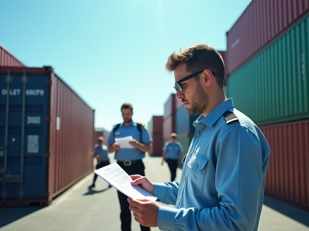 A photo-realistic image of a customs officer at an international shipping port, checking documents against shipments. The officer is wearing a uniform and glasses, focusing intently, surrounded by large shipping containers and a clear blue sky. The setting is busy yet organized, with a few other officers in view assisting customers. Soft daylight brightens the scene, giving it an industrious feel. The colors are predominantly blue and green, symbolizing trust and efficiency, and the composition draws the viewer's attention to the officer's careful examination of paperwork. The atmosphere conveys diligence and precision in customs checks. High resolution and photo realistic.