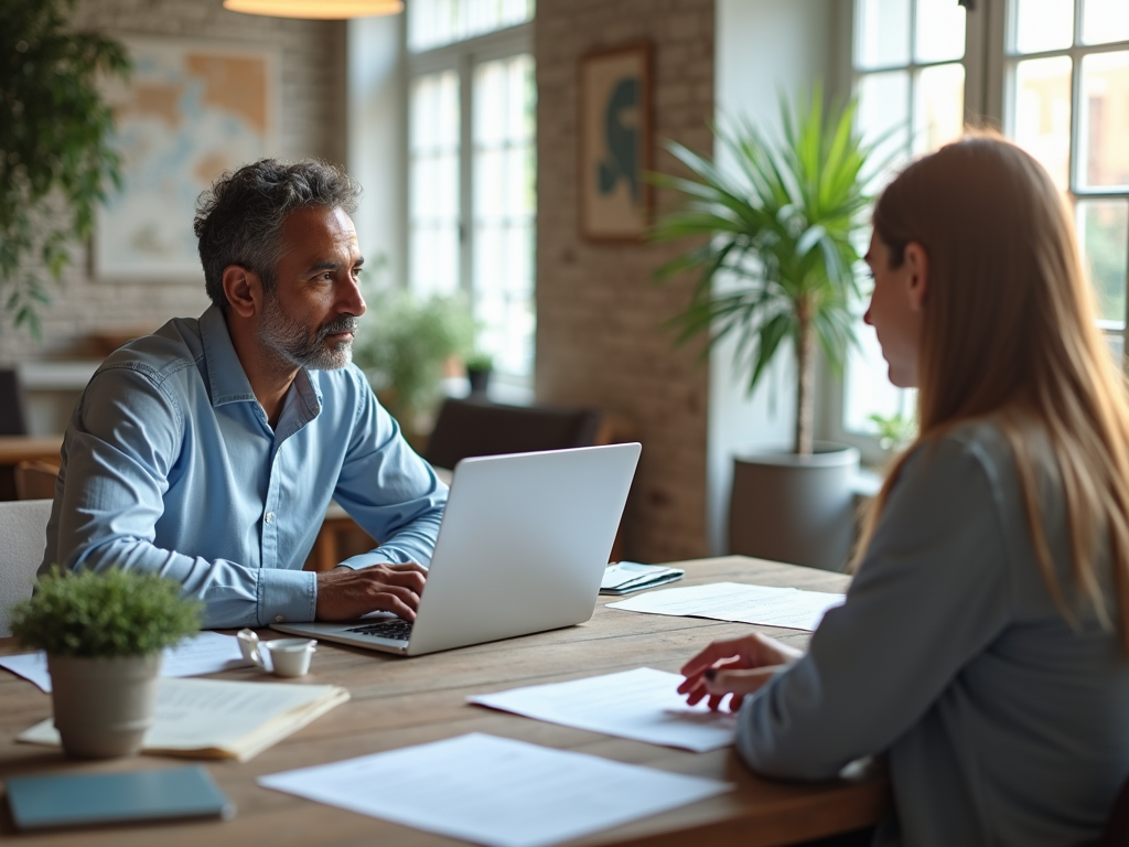 A photo-realistic scene of a small business owner in a bright, inviting office surrounded by shipping documents and a laptop showing tariffs. The owner, a middle-aged Sri Lankan man in smart casual attire, appears focused while discussing land costs with his younger assistant. The office has a relaxed yet professional vibe. High-resolution and photo-realistic.