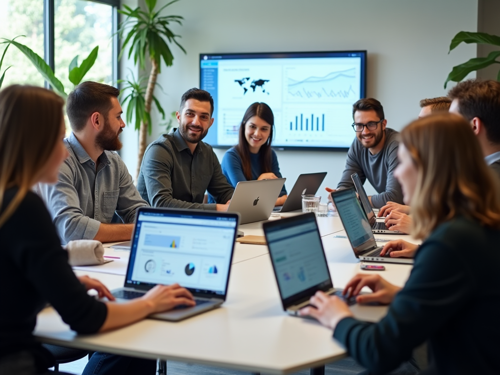 A workspace where a team meets around a large table with laptops displaying Odoo's dashboard showing customs compliance checks. The setting is dynamic and collaborative, with visual elements like charts and reports. Natural light enhances the scene, giving it a modern look, and features people using Odoo happily, showcasing a productive atmosphere.