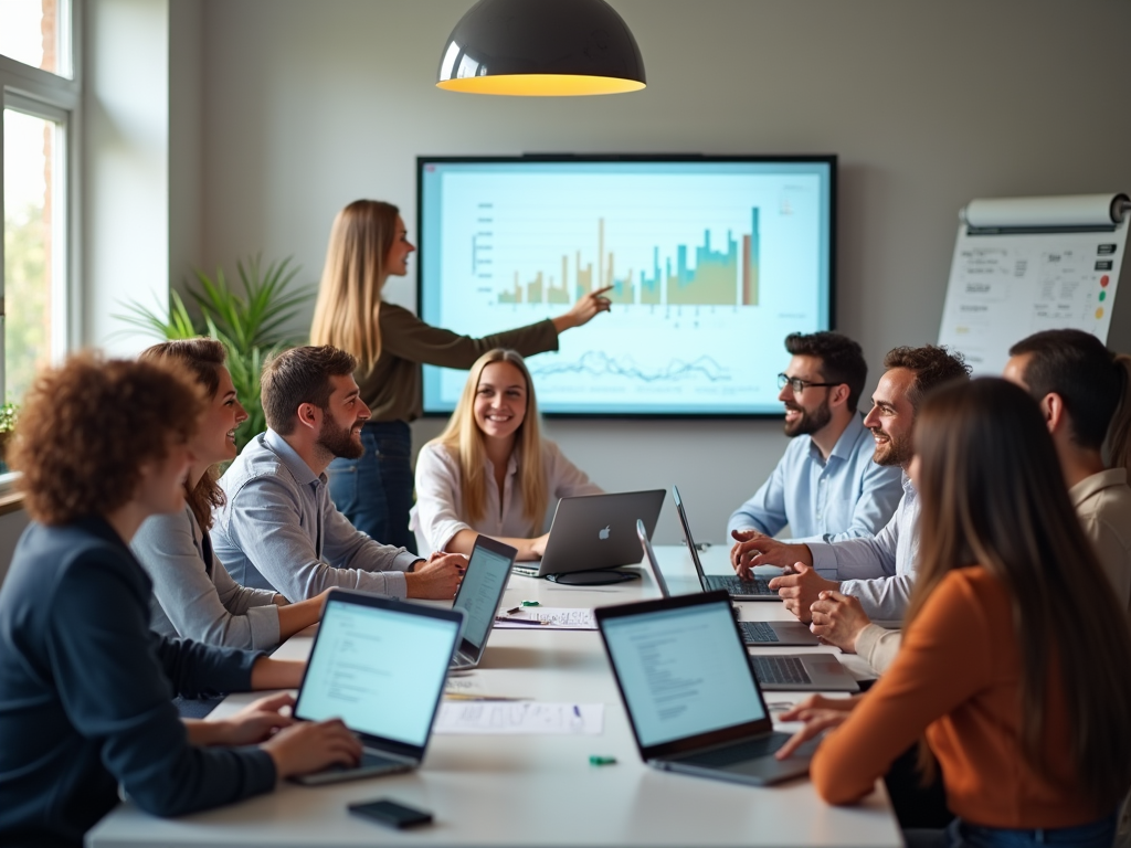 A photo-realistic scene in a vibrant conference room where a mixed group of professionals from different backgrounds are passionately discussing Odoo software's features. Each person has a laptop open showing Odoo dashboards. The room is bathed in natural light, emanating a collaborative spirit. Charts and strategies are illustrated on a whiteboard in the background.
