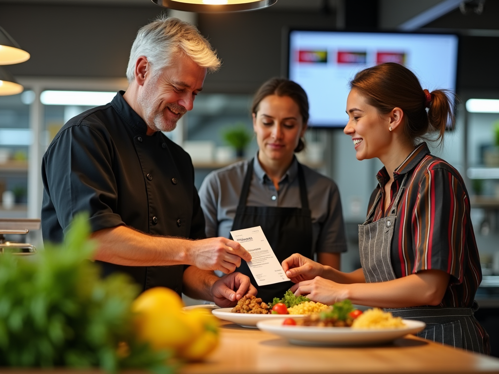 Photo realistic scene of a kitchen staff member reviewing printed Odoo kitchen order tickets at a busy workstation. The kitchen is modern with stainless steel appliances and large windows. The person is a male chef, wearing a white chef's coat and a black apron, furrowing his brow at the tickets. Bright, even lighting illuminates the scene, showcasing vibrant details like fresh ingredients and kitchen tools. The mood is focused and meticulous with an atmosphere of productivity. A table in the background holds a variety of dishes waiting to be plated, suggesting a bustling kitchen environment. The image captures the essence of efficiency in restaurant operations.