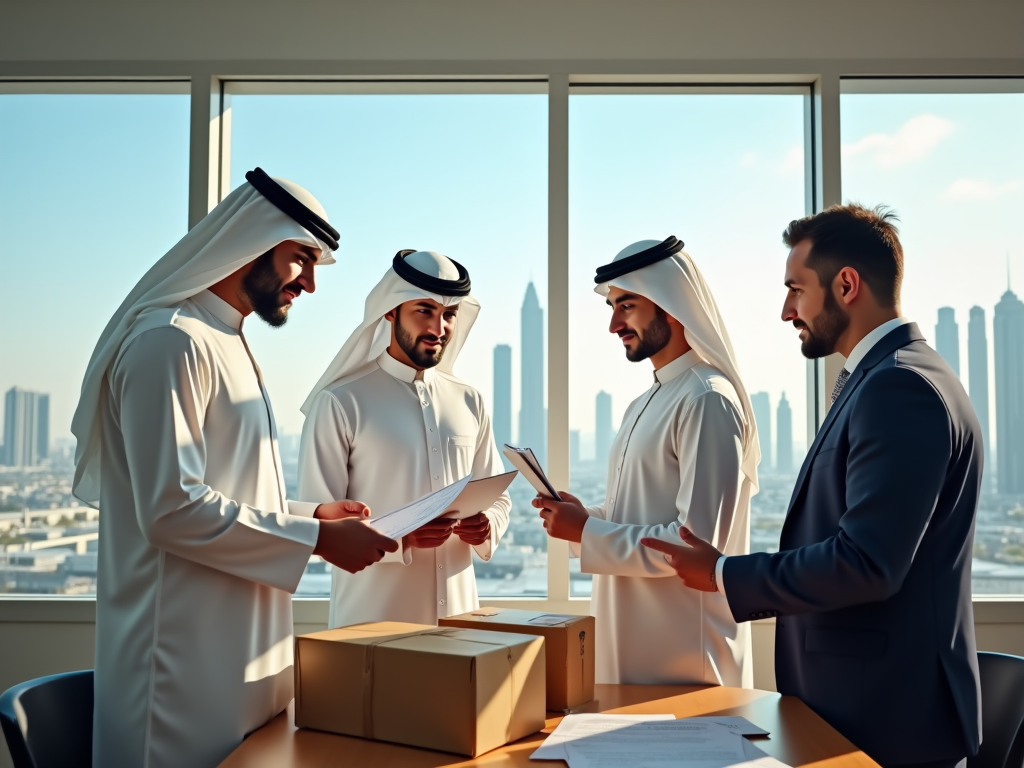 Photo-realistic image of a customs office in Bahrain with officials reviewing documents. Two friendly-looking officials in traditional Bahraini attire are inspecting packages while another is consulting with a businessman. The environment is professional yet inviting, with a clear view of the bustling city through the windows. The mood is serious but focused, and the details include stacks of paperwork and customs regulations visible in the background.