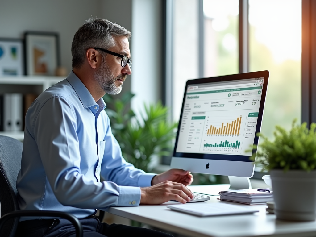 Photo-realistic scene in a contemporary office where a financial analyst (a middle-aged man in glasses, wearing a button-down shirt) is sitting at a sleek desk with a computer displaying an Odoo dashboard. The office is well-organized, with documents neatly stacked beside a potted plant. Natural light floods the room, highlighting the focused expression on the analyst's face while he calculates figures on the screen.
