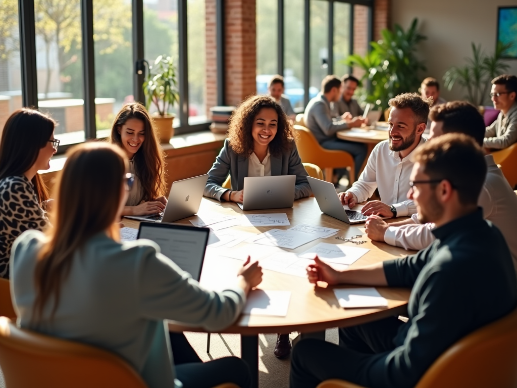 A high-resolution, photo-realistic scene in a vibrant exchange space where a group of diverse entrepreneurs is brainstorming. They sit around a circular table, filled with notes and laptops open, collaborating enthusiastically. The atmosphere is dynamic, with a mix of relaxed colors from the decor and warm sunlight streaming in. The participants vary in age and attire, showcasing a blend of modern business fashion and casual styles.