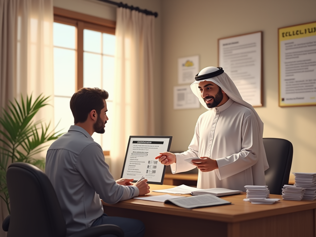 Photo realistic depiction of a customs office in Kuwait where documents are being processed. A customs officer in traditional attire is helping a small business owner understand the paperwork. The setting is well-organized with stacks of documents, a computer displaying duty calculations, and a wall decorated with regulations. Natural light floods the room, giving a warm and inviting feel. A subtle hint of cultural elements is present in the decor. The overall mood is professional yet approachable. The image is high resolution and conveys the essence of customs duties and landed costs.