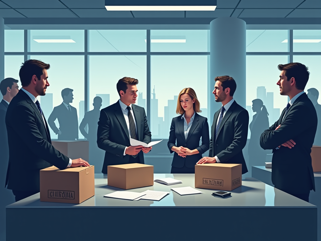 A high resolution, photo-realistic image of a busy customs office with professionals in business attire discussing paperwork and cargo. The setting includes customs stamps and boxes that are clearly labeled, showcasing international shipping. The color scheme combines various tones of blue and gray, symbolizing the seriousness of customs work. The mood is brisk yet professional, conveying urgency and focus on regulations and costs.