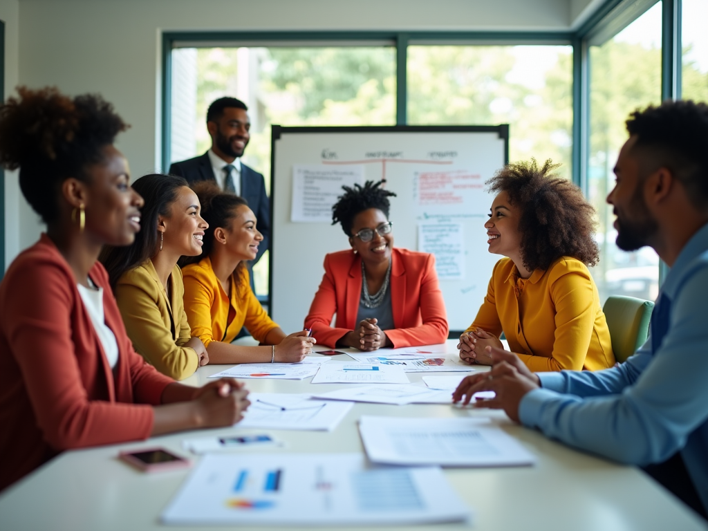 Capture a vibrant scene from a small Caribbean export business where a diverse group of employees, dressed in colorful but professional attire, are engaged in a team discussion. Papers with charts and taxes are scattered around a conference table, and a whiteboard in the background displays strategies. The room is bustling with energy as team members share ideas and solutions, reflecting a collaborative spirit. Natural light floods the room, enhancing the positive vibe. This is a high-resolution, photo-realistic image representing teamwork and problem-solving.