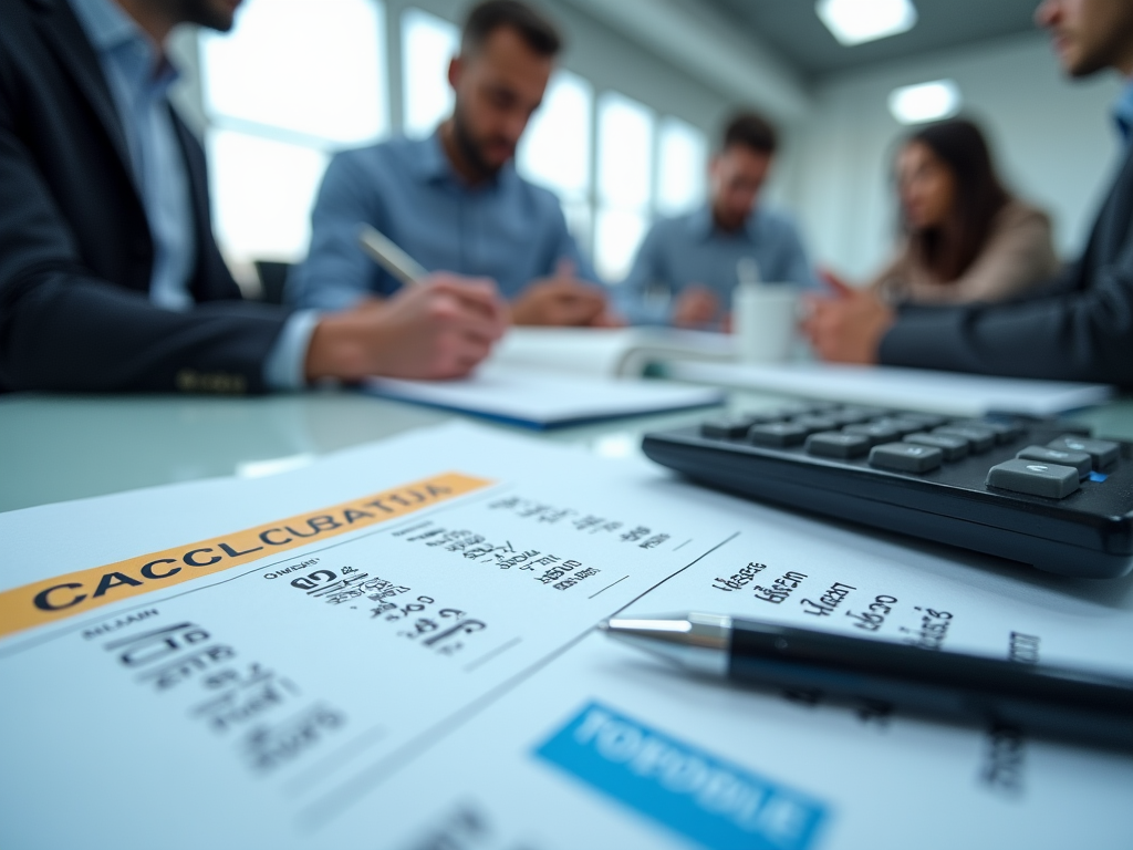A close-up photo realistic view of a customs calculator displaying the calculation of 5% flat rate duties on a document with highlighted financial figures. In the background, an import-export office with busy employees of diverse backgrounds analyzing trade documents. The lighting is bright, with a hint of professionalism. The colors primarily showcase blues and whites, emphasizing a corporate environment. The focused scenes depict the characters engaged in discussion, illustrating the complexities of tariff calculations.