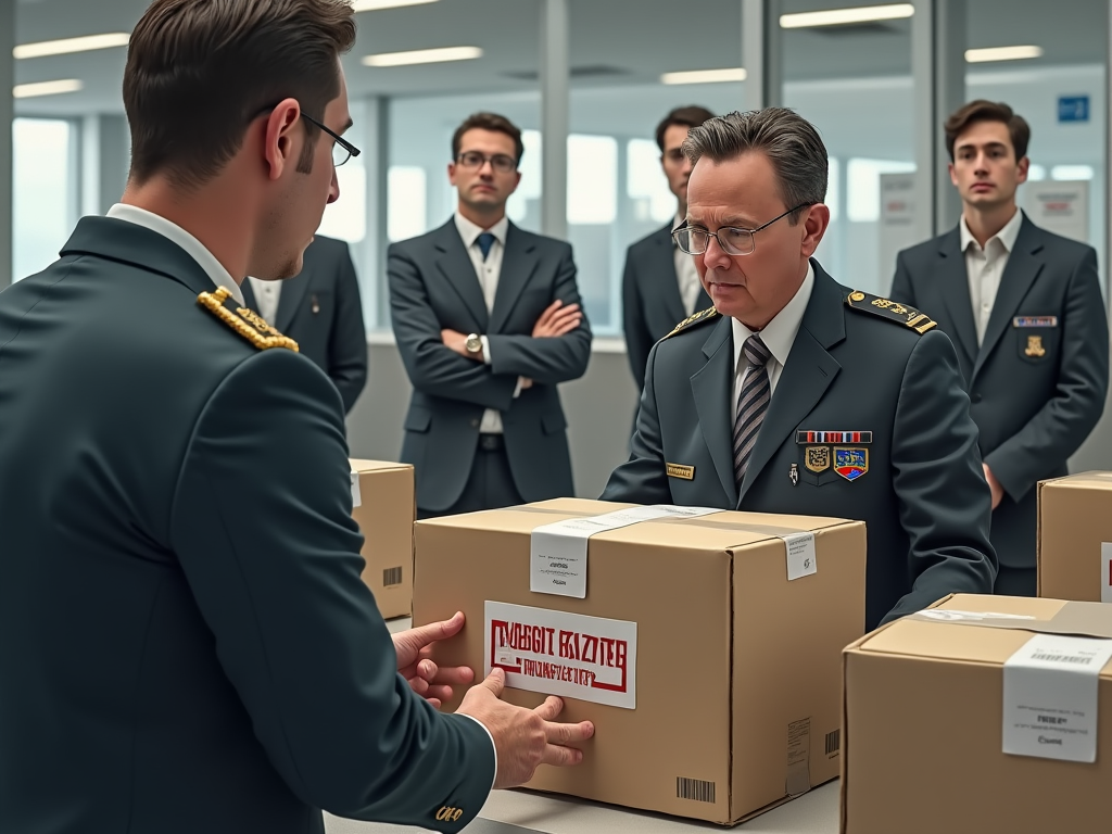 A detailed, photo realistic image of a customs inspection area showcasing securely packaged goods being checked. A customs officer examines a box labeled 'prohibited items' while employees watch attentively. The area is well-organized, featuring signage explaining the different regulations. The scene has a neutral color scheme with well-defined elements, indicating a high level of professionalism and security. The officer has a serious expression with guards in background demonstrating vigilance, promoting an atmosphere of thorough scrutiny.