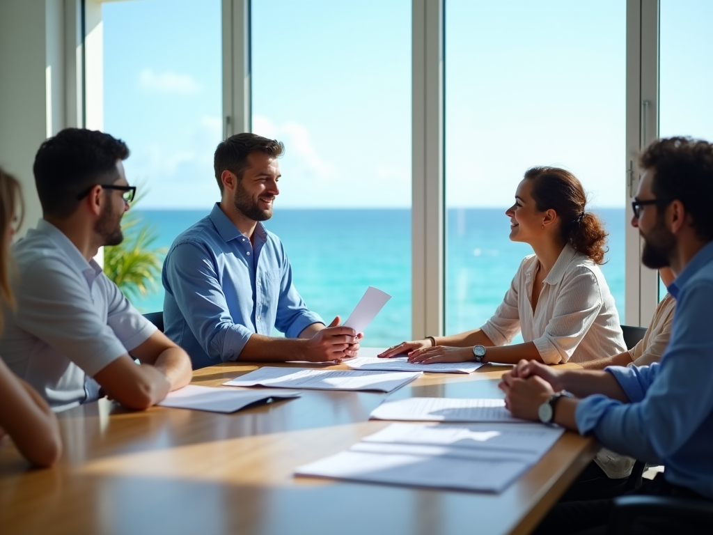 Photo-realistic image of a well-organized workspace in Turks and Caicos. A friendly male customs agent in a blue shirt is explaining duties valuation to a diverse group of business owners. On the table, there are charts and customs duty forms. Bright natural light floods in from large windows providing a view of the ocean. The mood is educational and cooperative. High resolution and photo realistic.