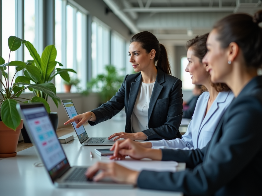Photo-realistic scene of a bustling office in Turks and Caicos with employees using Odoo software on their laptops. A woman in a smart blazer is pointing at a screen showing customs duties calculations. The office is modern with tropical plants, and the lighting is bright and engaging. The atmosphere conveys efficiency and teamwork. High resolution and photo realistic.