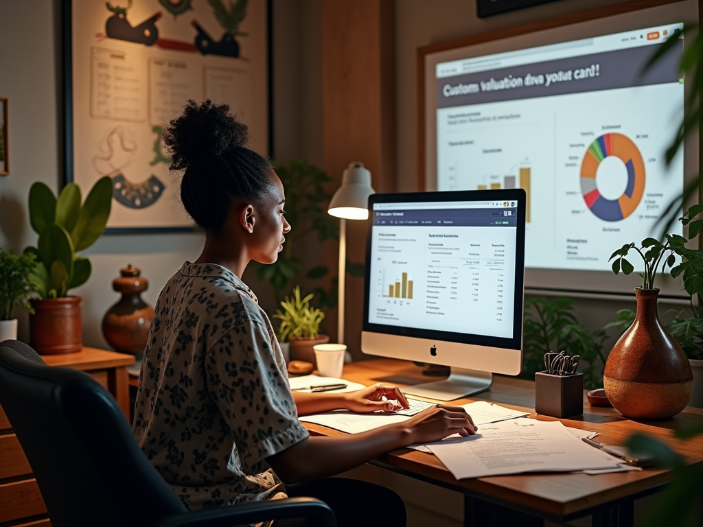 Photo realistic scenario involving a small business owner sitting at a modern desk cluttered with paperwork related to import valuation. On her screen, Odoo's interface with customs valuation data is visible. The office is cozy, decorated with Vanuatu cultural artifacts, showcasing the owner's connection to her roots. The lighting is warm, creating an inviting atmosphere. There are charts and graphs displayed on a wall-mounted screen showcasing duty calculations, reflecting a balance of tradition and technology in business.