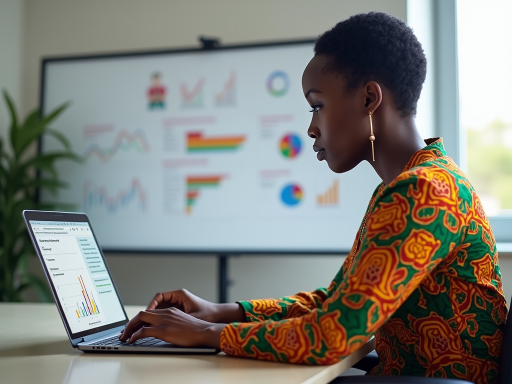 A high-resolution photo-realistic image illustrating the concept of customs duties valuation. Setting: An Odoo interface displayed on a sleek laptop in a modern office. Subjects: A professional woman with short hair in a colorful Nigerian dress, intently analyzing data on customs duties. Natural light filtering in through a window, emphasizing the bright patterns of her attire. Mood: A focused atmosphere, showcasing the blend of traditional and modern. Background elements: Infographics related to customs duties on a whiteboard. The image is engaging and relatable, enhancing understanding.