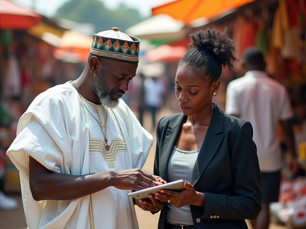 A high-resolution photo-realistic image set in a bustling Nigerian marketplace, showing diverse business owners interactively using Odoo on tablets. Setting: Outdoor market with colorful stalls and vibrant visuals representing local goods. Subjects: A middle-aged man in a traditional Nigerian outfit consulting with a young woman in a business suit over data on Odoo. Bright, natural light illuminates the scene, creating an inviting atmosphere. The focus is on engagement and the integration of technology into local commerce, showcasing modern versus traditional elements.