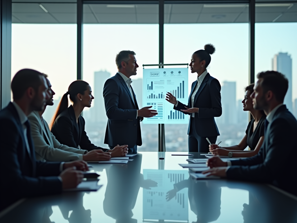 A high-resolution photo-realistic image depicting a strategic meeting in an office setting. Setting: A sleek conference room with floor-to-ceiling windows showing a city skyline. Subjects: A diverse team of professionals, including a middle-aged man in business casual and a young Nigerian woman in a formal dress, actively discussing Odoo integration strategies. Soft, diffused light brightens the room, highlighting charts and strategies on a digital display. The image conveys a collaborative spirit and the importance of teamwork and innovation in logistics and valuation.
