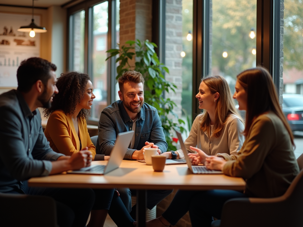 A meeting where diverse professionals are sharing positive feedback and testimonials, seated in a cozy but modern café setting. The warmth of the space includes plants and comfortable seating, highlighting the community aspect of logistics discussions. Laptops and coffee cups illustrate the atmosphere of casual but meaningful conversation, showcasing engagement. High-resolution and photo-realistic.