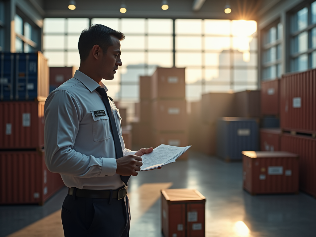 A busy customs office in Singapore, with an official in formal attire reviewing shipping documents. The room is filled with shipping containers in the background, conveying the intricacies of customs operations. Sunlight pours in, creating a seriousness yet modern atmosphere, emphasizing the importance of proper customs handling. High resolution and photo realistic.