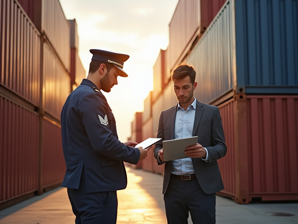 Photo realistic image in a busy warehouse located near a bustling Spanish harbor. A customs officer in a uniform is inspecting shipping containers while a logistics manager in a smart casual outfit is consulting a tablet. Sunlight is reflecting off containers, giving a vibrant atmosphere. An air of efficiency and compliance fills the scene, with shipping documentation and inspection tools visibly present.