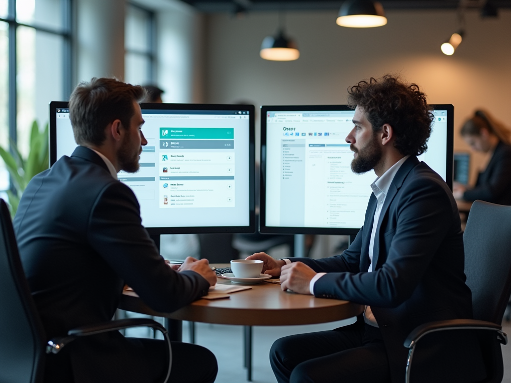 A high-resolution, photo-realistic scene depicting a business consultant assisting a client in optimizing their Odoo configuration. The consultants are seated in a contemporary office space outfitted with dual monitors showing the Odoo interface. They are reviewing settings together with focused expressions over coffee, suggesting consulting and guidance in an innovative atmosphere.