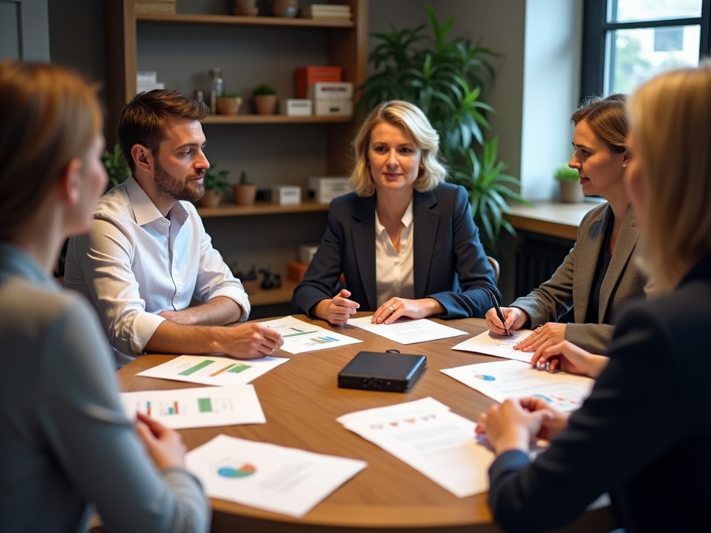 A high-resolution, photo-realistic scene of a roundtable discussion in a cozy office environment. A diverse group of professionals, including a young man in a white shirt and an older woman in a blazer, are exchanging ideas on overcoming challenges related to customs duties valuation, with documents detailing valuation techniques spread out on the table.