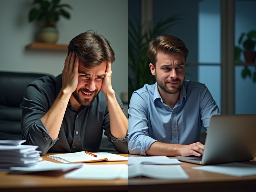 A photo-realistic image depicting a frustrated professional in a casual office setting, surrounded by piles of paperwork, attempting to calculate customs duties manually. The contrast with the other half of the image shows a different professional using the Customs Duties Add-On on a laptop, appearing relaxed and in control. Dynamic lighting enhances the sense of solving problems and overcoming challenges.