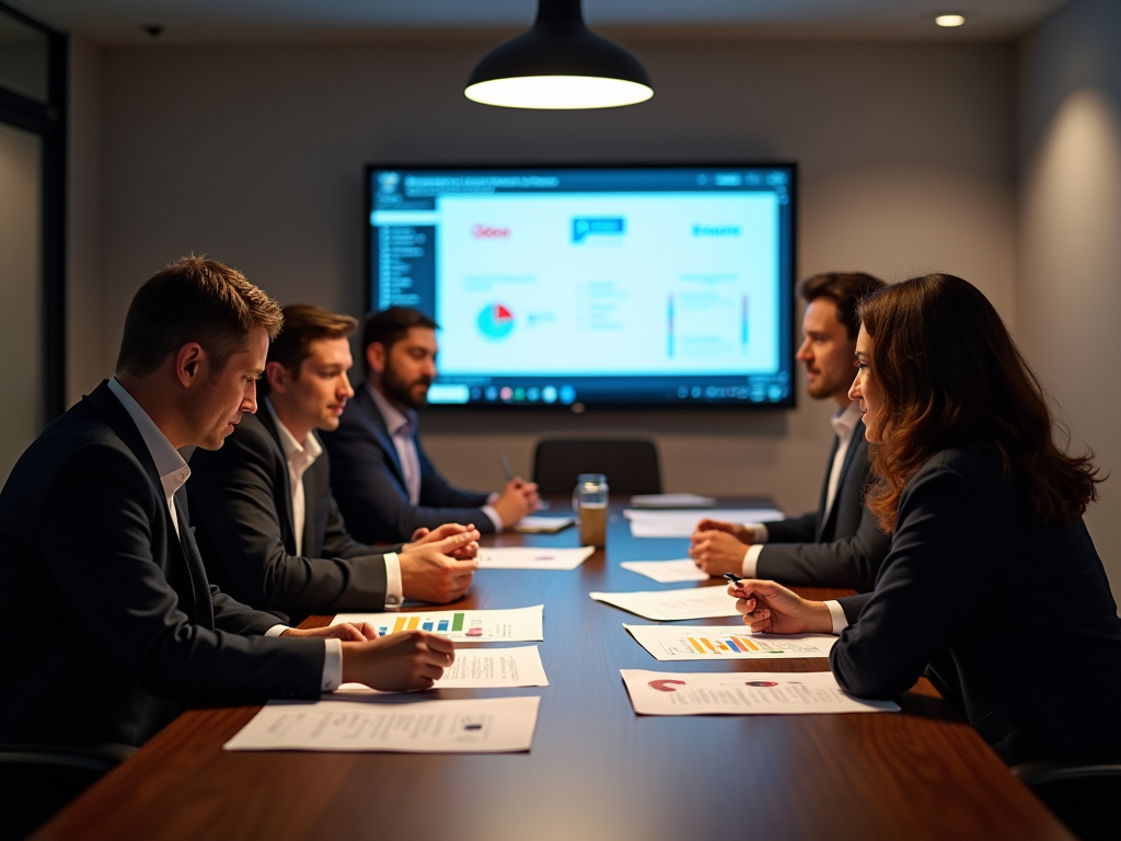 An elegant meeting room where two diverse teams (one in formal attire and the other in smart casual) are engaged in a strategic discussion, comparing solutions on a large screen. Documentation from various companies, including Odoo Skillz, Transiteo, and Descartes, is spread across the table. Soft ambient lighting creates an inviting atmosphere, perfect for in-depth discussions.