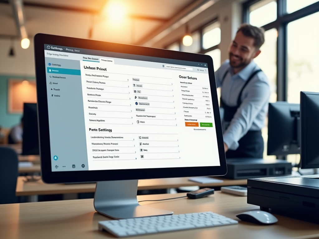 Photo-realistic depiction of a computer screen displaying the QZ Tray interface with various settings for printing. The background shows a bright, modern office environment with a friendly technician adjusting the settings. There are multiple POS terminals around, each connected with local printers. A warm, productive atmosphere is intensified by natural lighting from large windows.