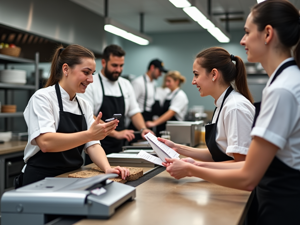 A comparison scene showing an Epson printer with a frustrated staff member trying to fix a jam, while nearby, another staff member is happily using a QZ Tray system with a clear, printed order in hand. The kitchen has a professional layout with chefs in varied ages and ethnicities in restaurant attire, working together in harmony.