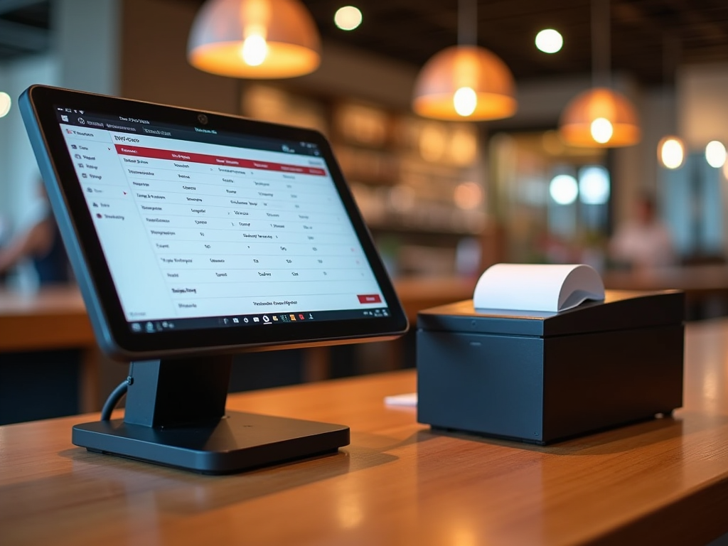 High-resolution image showing a seamless connection between Odoo's POS interface and the QZ Tray print setup in a modern restaurant environment, with focus on the POS screen displaying an active order being sent to the printer.