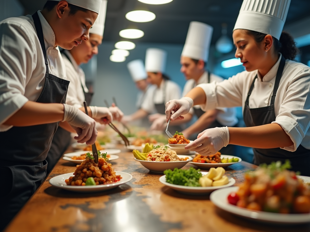 A dynamic kitchen scene portraying fast motion, with chefs rapidly preparing meals as orders print instantly via QZ Tray. There's an emphasis on teamwork, showing chefs of diverse ages focused and actively participating in the cooking processes.
