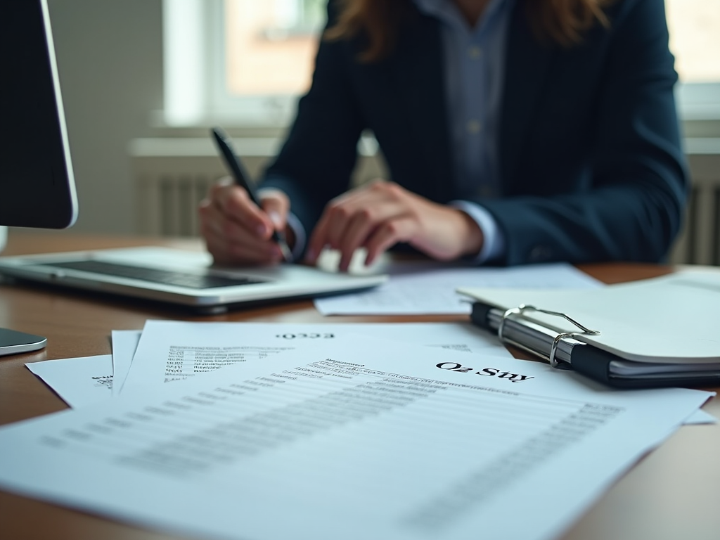 Focused shot of an accountant evaluating costs on a computer, with printouts from QZ Tray and expense reports spread out on a table. The atmosphere conveys thoughtful financial planning, incorporating a blend of modern technology and traditional business practices.